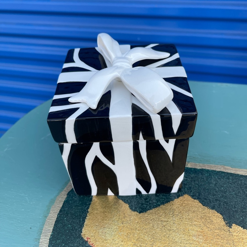 Dana Buchman Ceramic Zebra Print Gift Box Candy Jar